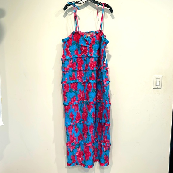 SHOW ME YOUR MUMU Stella Smocked hot pink blue Midi Dress size 2X plus new w tag - Picture 1 of 9
